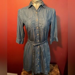 BLUE RAIN XXS Blue Button Up 3/4 Sleeve Pockets Tie Waist Knee Length Soft Dress